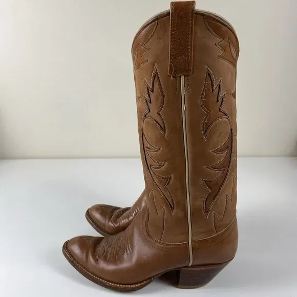 Dan Post Women's Boot Size 7.5 C Western Cowboy Boots Tan Brown 2 Tone Leather - Picture 4 of 14